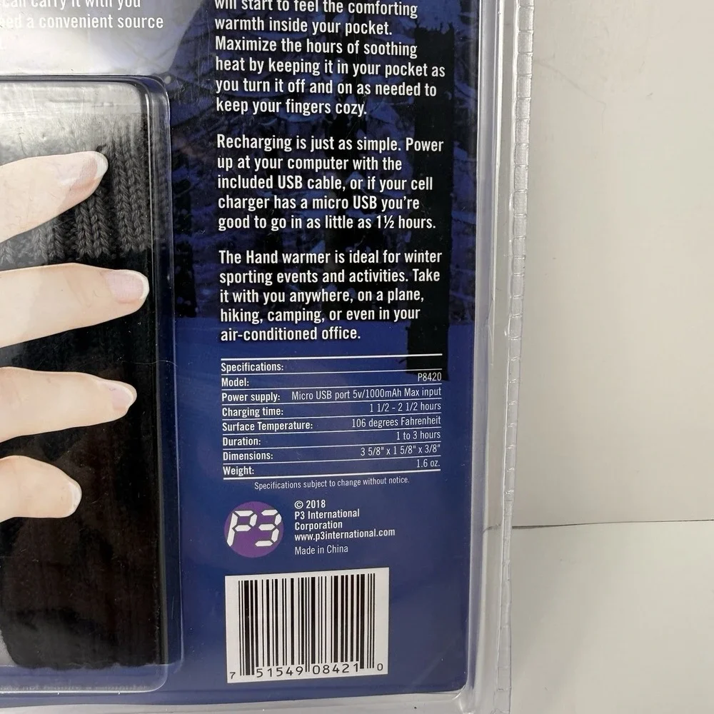 P3 International Rechargeable Hand Warmer Black Sleeve & USB Charging Cable NEW